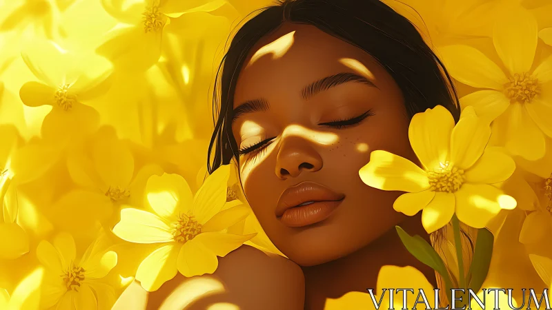 Woman resting in golden flowers under dappled sunlight.