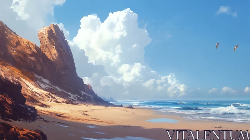 Sunlit cliffside shoreline under cathedral clouds of summer.