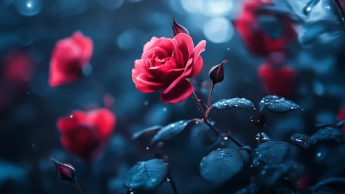 Red roses with water droplets against blue night background.