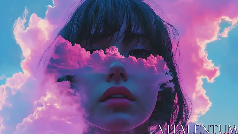 Surreal neon portrait with bifurcated clouds and sky field.