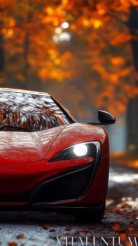 Red sports car front view on wet autumn forest road