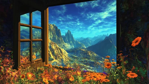 Mountain landscape viewed through open window frame.