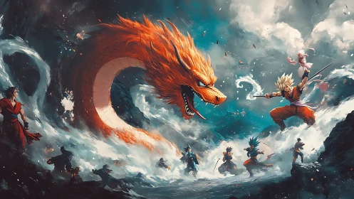 Dynamic anime battle tableau with elemental dragon centerpiece.