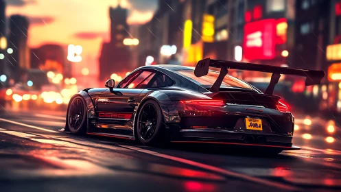 Night-gloss racer prowls neon city streets in rainlight.