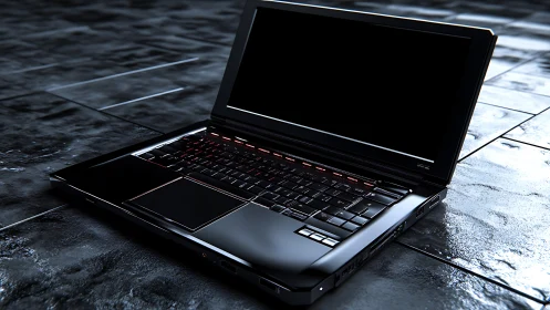 Closed screen laptop rests on reflective tiled floor surface