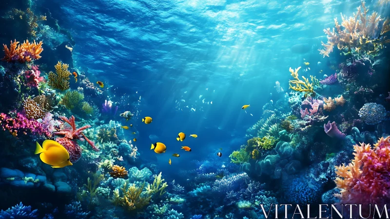 Sunlit coral reef teems with colorful tropical marine life.