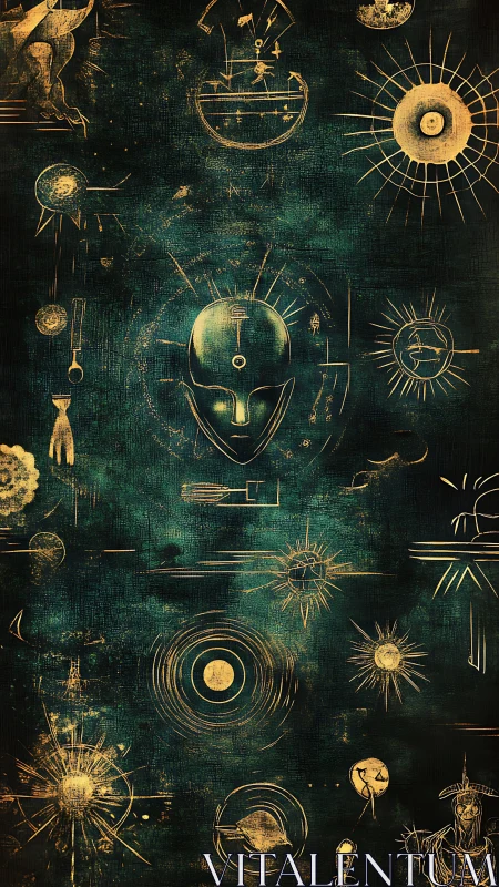 Golden astro-mystic schematic maps celestial symbols on teal field