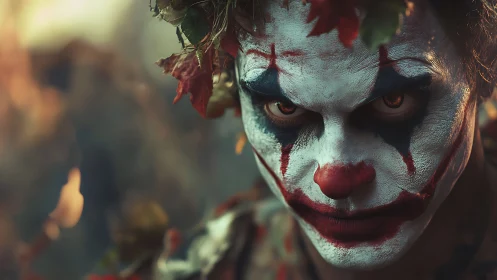 Sinister clown portrait under autumn foliage light.
