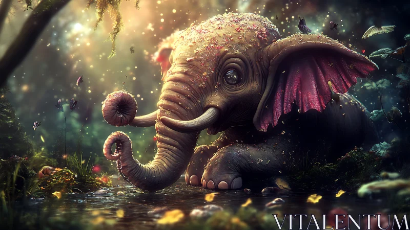 Whimsical baby elephant with rose wings in glowing forest.