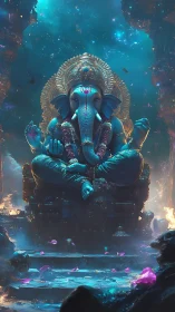 Divine blue Ganesha seated in luminous cosmic temple