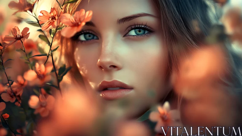 Hyper-detailed female portrait framed by shallow-depth floral bokeh field
