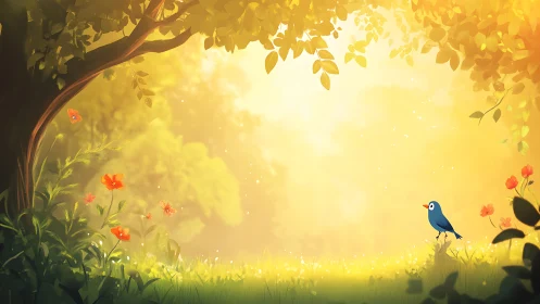 Digital painting of sunlit forest glade with stylized songbird.