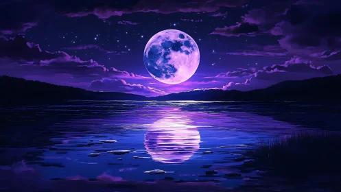 Violet moon rises over a tranquil lake in luminous twilight