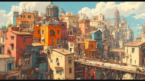 Layered hillside cityscape with elevated walkway and warm palette