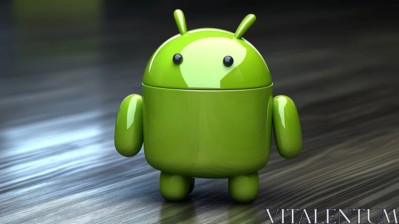 Glossy green robot mascot rendered on reflective wooden floor