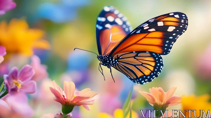 Monarch butterfly in shallow-depth floral bokeh field study.