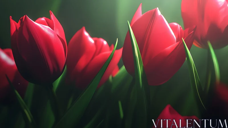 Red tulips backlit against soft green background.