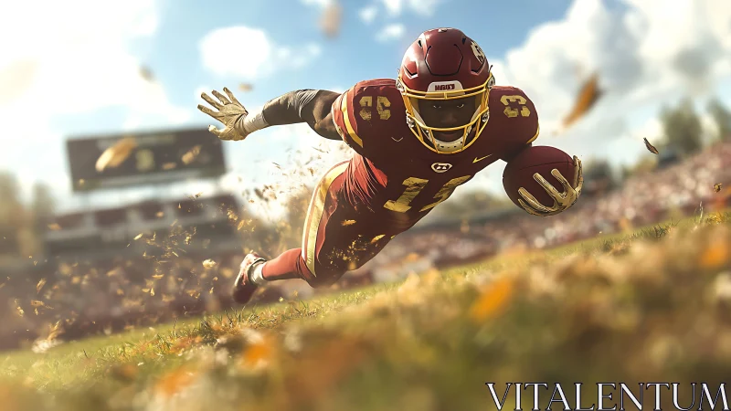 American football runner diving toward the end zone.