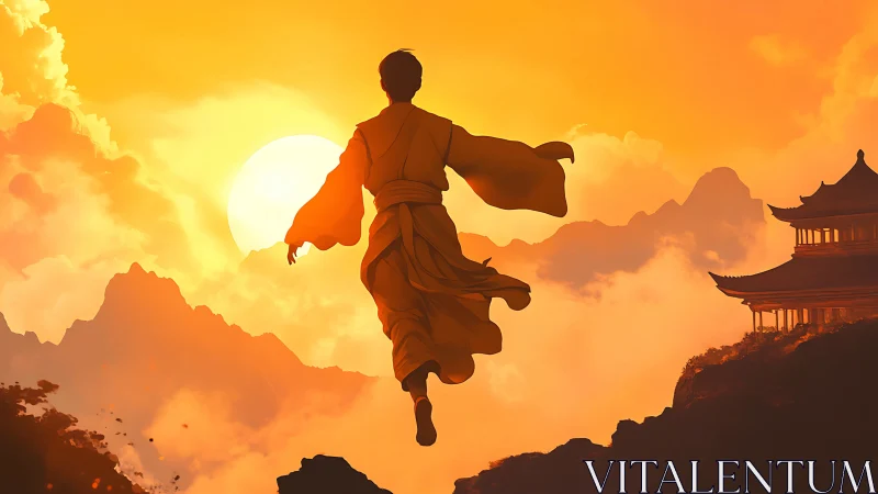 Monk in flowing robes strides through a blazing mountain sunset.