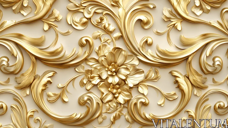 Ornate gold floral baroque pattern on cream background, decorative style.