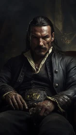 Storm-scarred pirate captain broods in shadowed command chair.