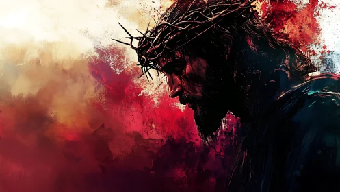 Sorrowful crowned figure bows amid vivid crimson light