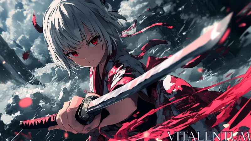 White-haired swordswoman extends katana in dynamic perspective