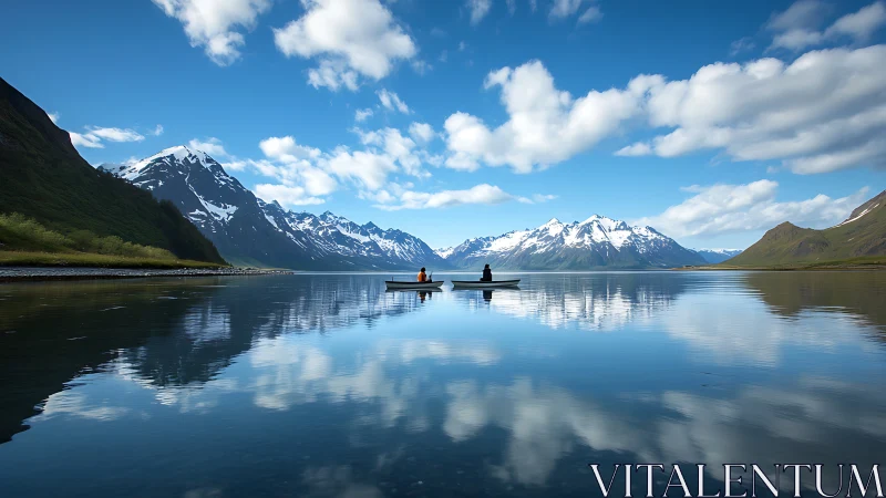 Silent boats drift under cloud-mirrored alpine guardians.