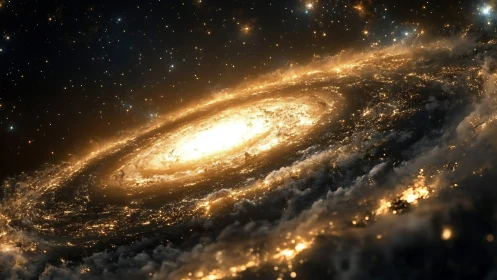 Spiral galaxy core glows with dense golden starfields.