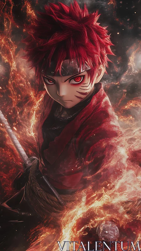 Fiery anime swordsman rendered with high-detail particle effects