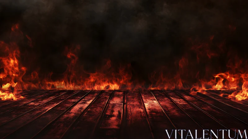 Inferno Perspective: Wooden Platform Engulfed in Apocalyptic Flames.