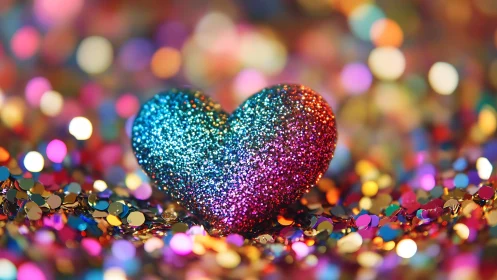 Glitter heart sculpture in prismatic confetti bokeh field.