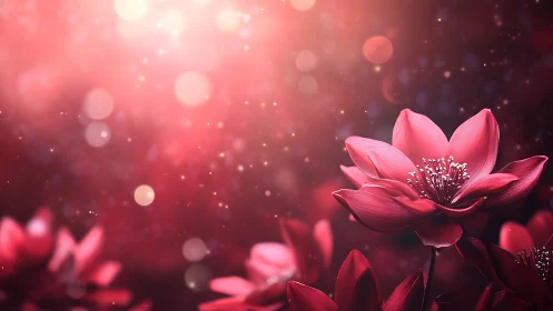 Digital bokeh lotus blossom in luminous crimson atmosphere.