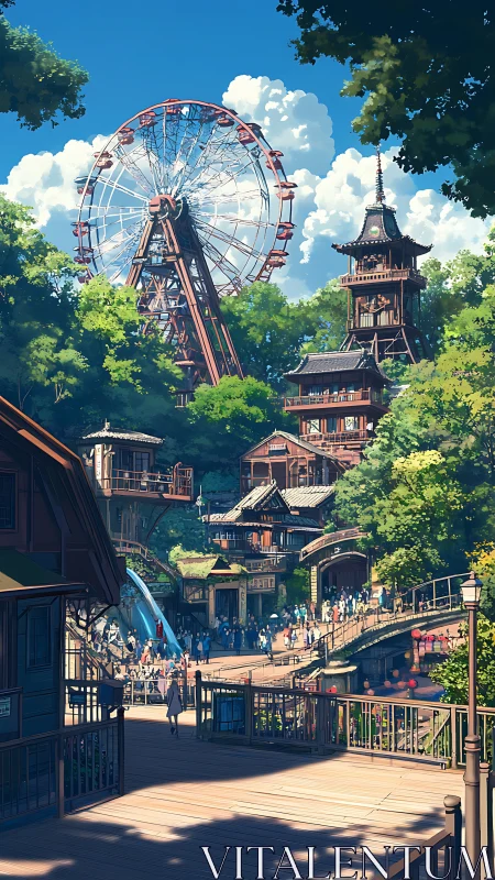 Elevated wooden park village integrates Ferris wheel and dense forest