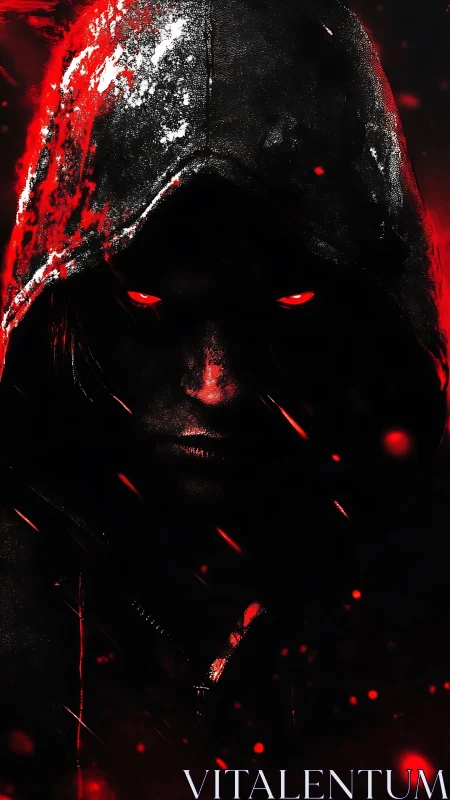 Hooded shadow with burning red eyes emerges from darkness