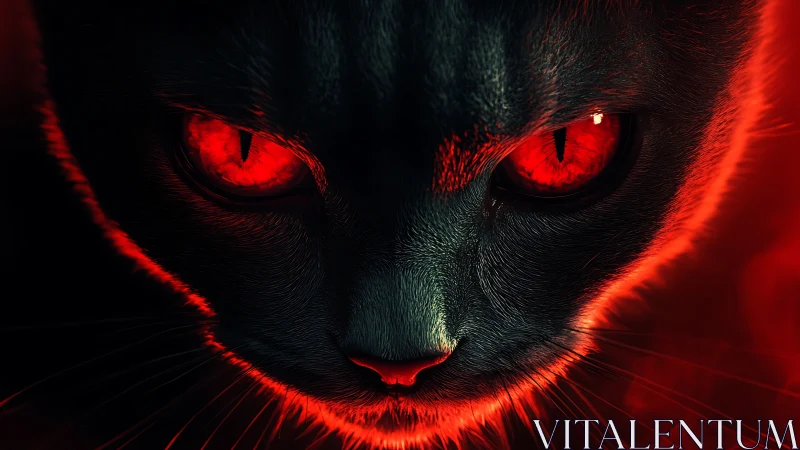 Close frontal digital rendering shows cat face with red eyes