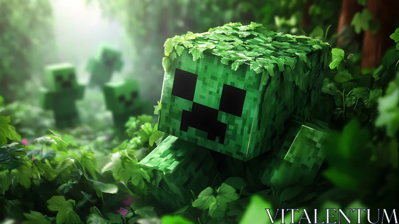 Leaf-covered voxel creature stalking through lush jungle foliage.