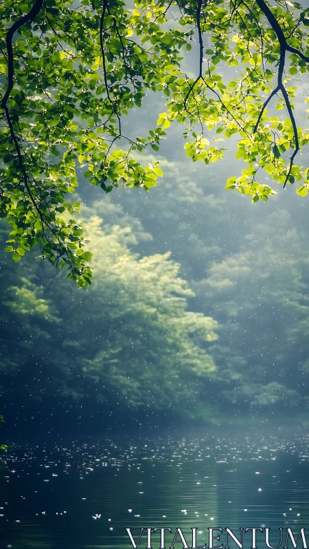 Rain Over Water: Hanging Branches Frame Stormy Sky.