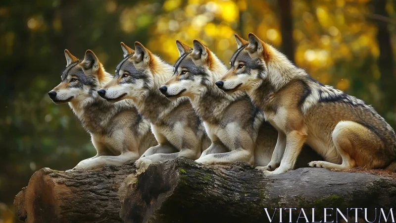 Four alert wolves sit poised together on a forest log.