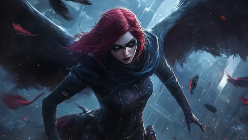 Winged red‑haired vigilante dives through dystopian cityscape