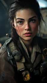 Young woman in tactical gear stares directly at camera