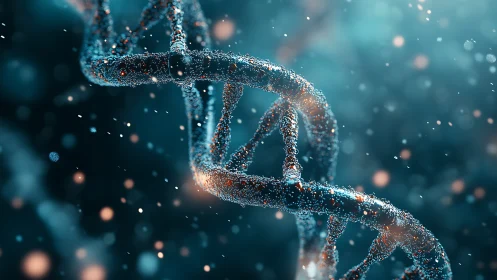 Glowing DNA helix sparkles gently in a deep blue universe