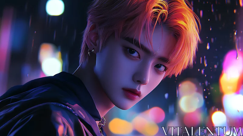 Neon lit portrait of androgynous youth in rainy night city.