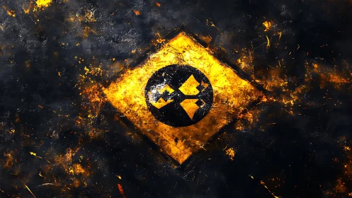 Fiery hazard symbol melts through dark textured background