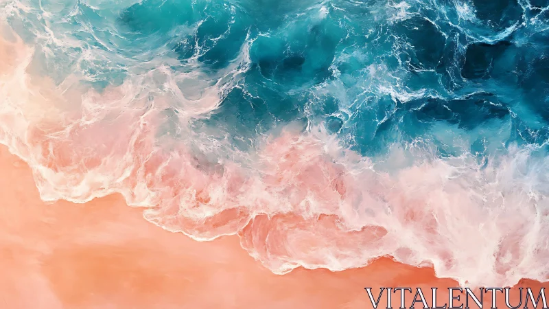Pastel shoreline waves with teal surf in aerial abstraction.