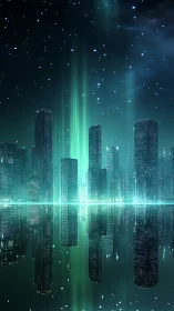 Dreamy neon skyline glowing softly under starry night.