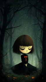 Melancholic girl in dark forest with glowing ribbon accent.