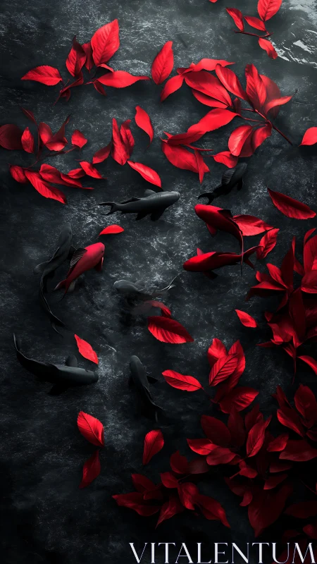 Crimson leaves drifting above shadowed koi in dark water.