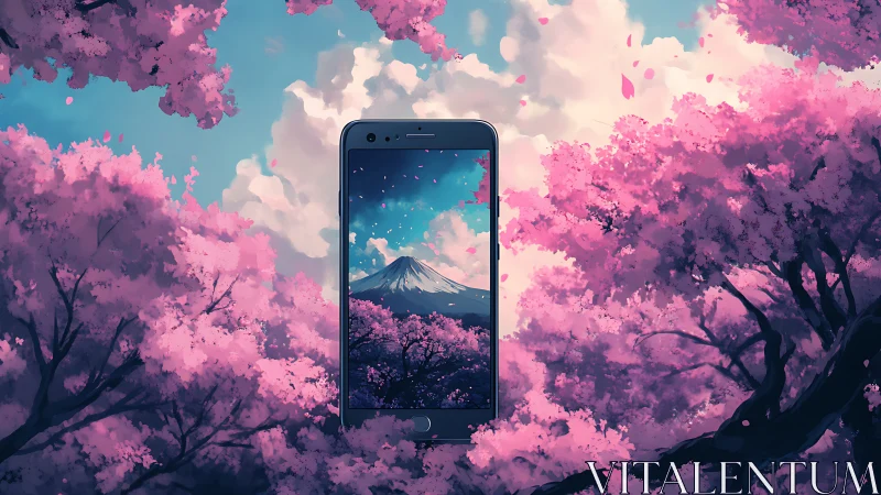 Smartphone framing mountain view amid cherry blossoms.