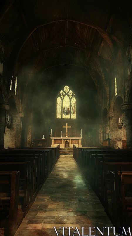 Gothic church nave with misty light over central altar.